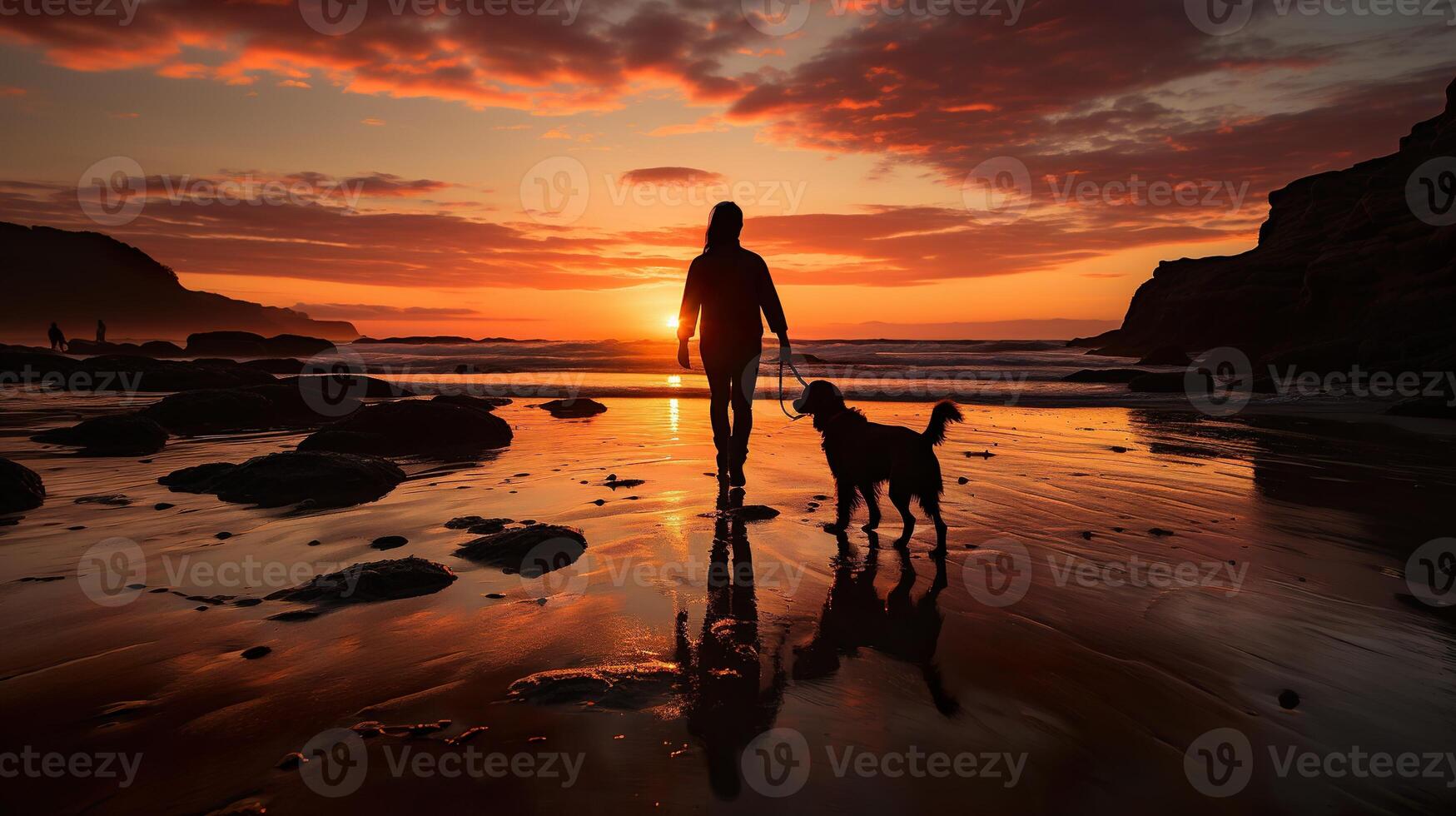 romântico andar com a cachorro às pôr do sol em a oceano generativo ai foto