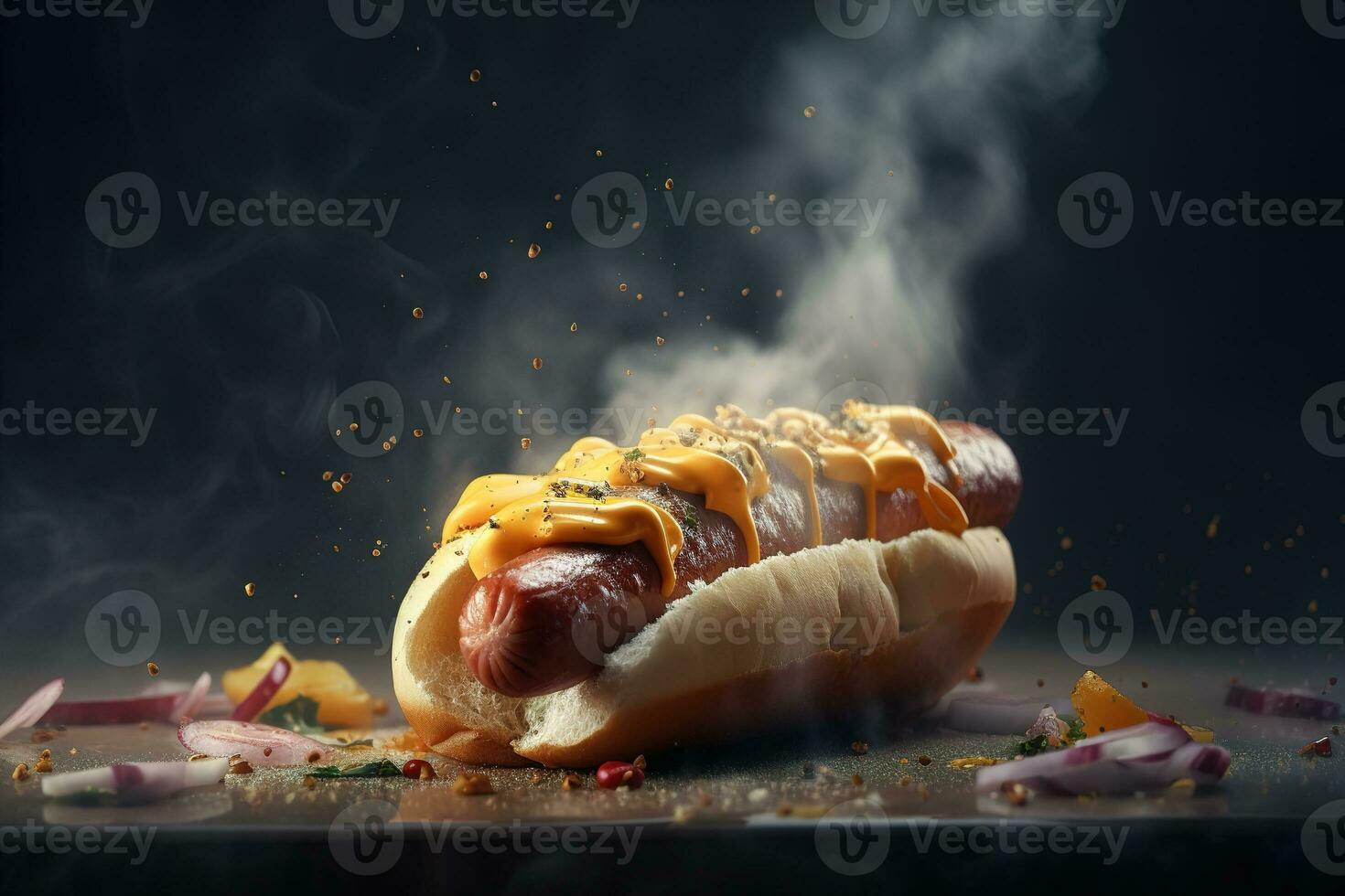 quente fresco quente cachorro, Aumentar vapor aroma. fechar-se linguiça dentro pão com velozes Comida molho. generativo ai foto