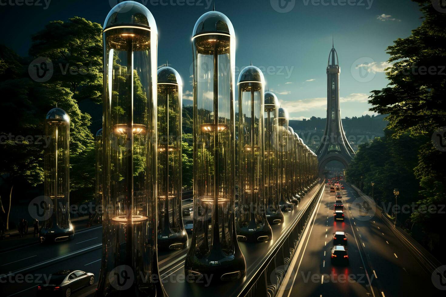 Imagine uma futurista rodovia movimentado com Autônomo veículos do todos formas e tamanhos. ai generativo foto