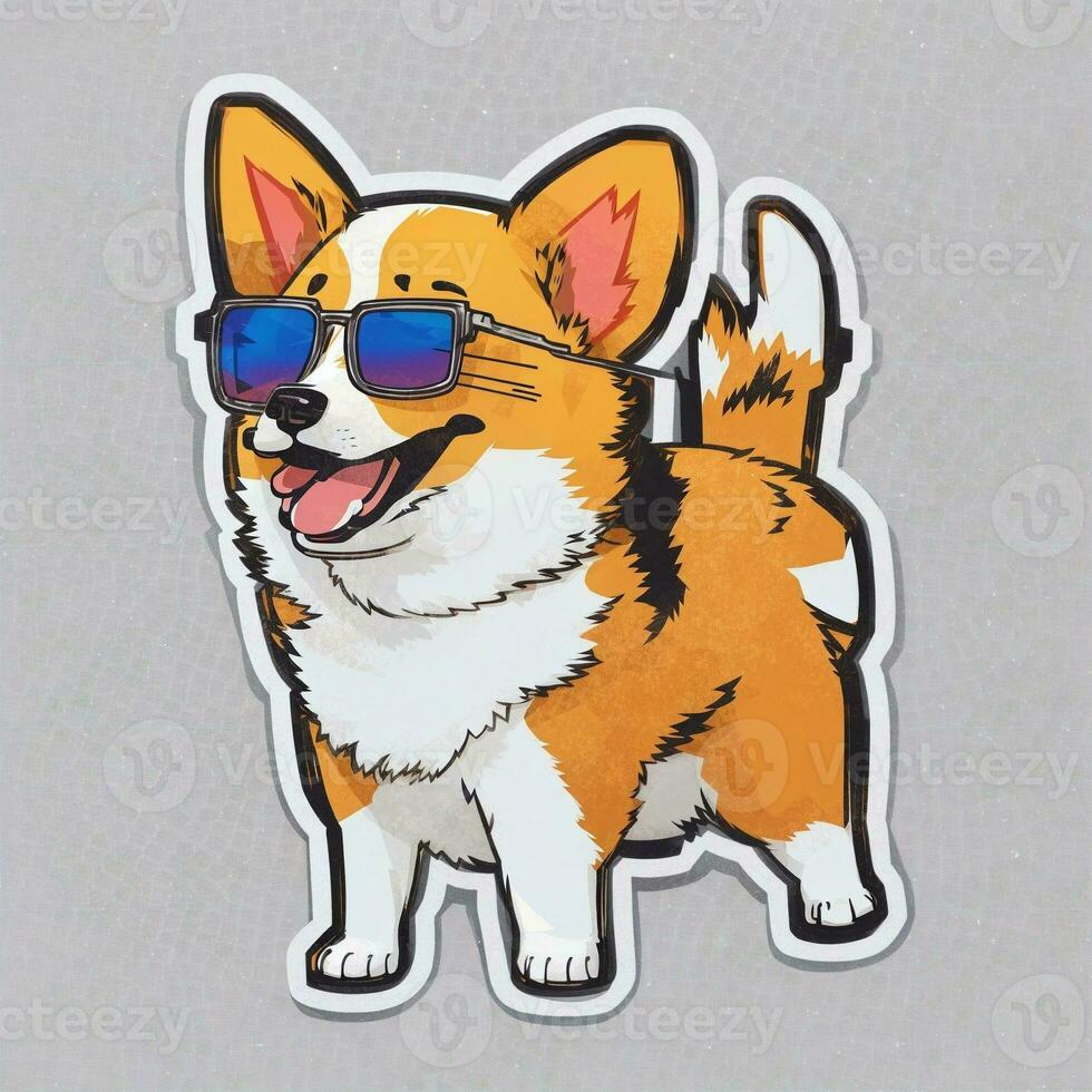 desenho animado adesivo do corgi cachorro com oculos de sol, vetor ilustração em uma branco fundo foto