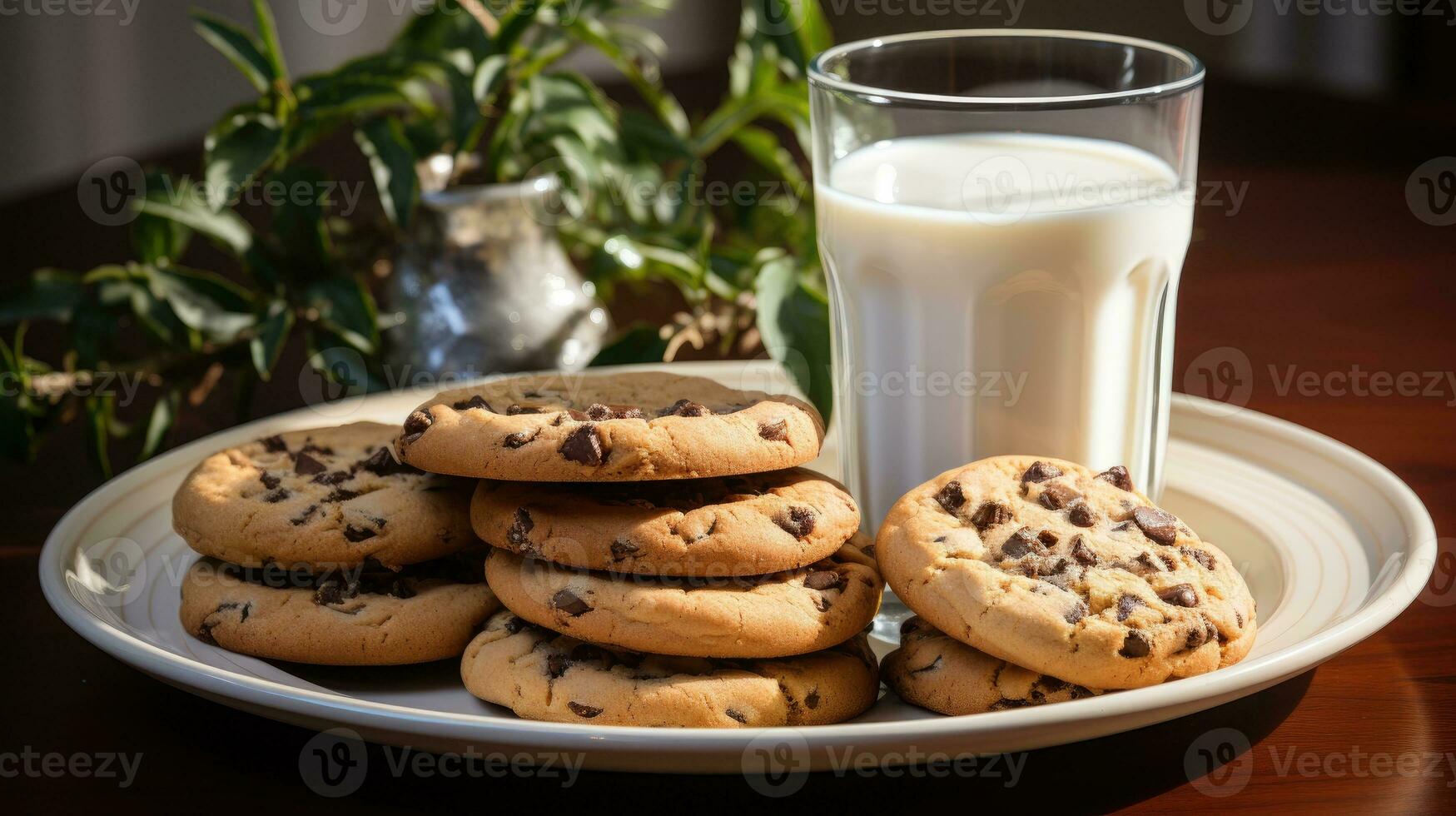 biscoitos dentro prato e vidro do leite ai gerado foto