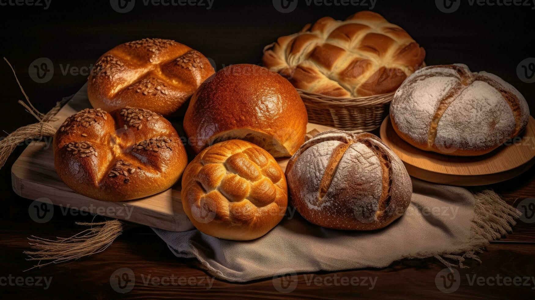 conjunto do pães em uma mesa ai gerado foto
