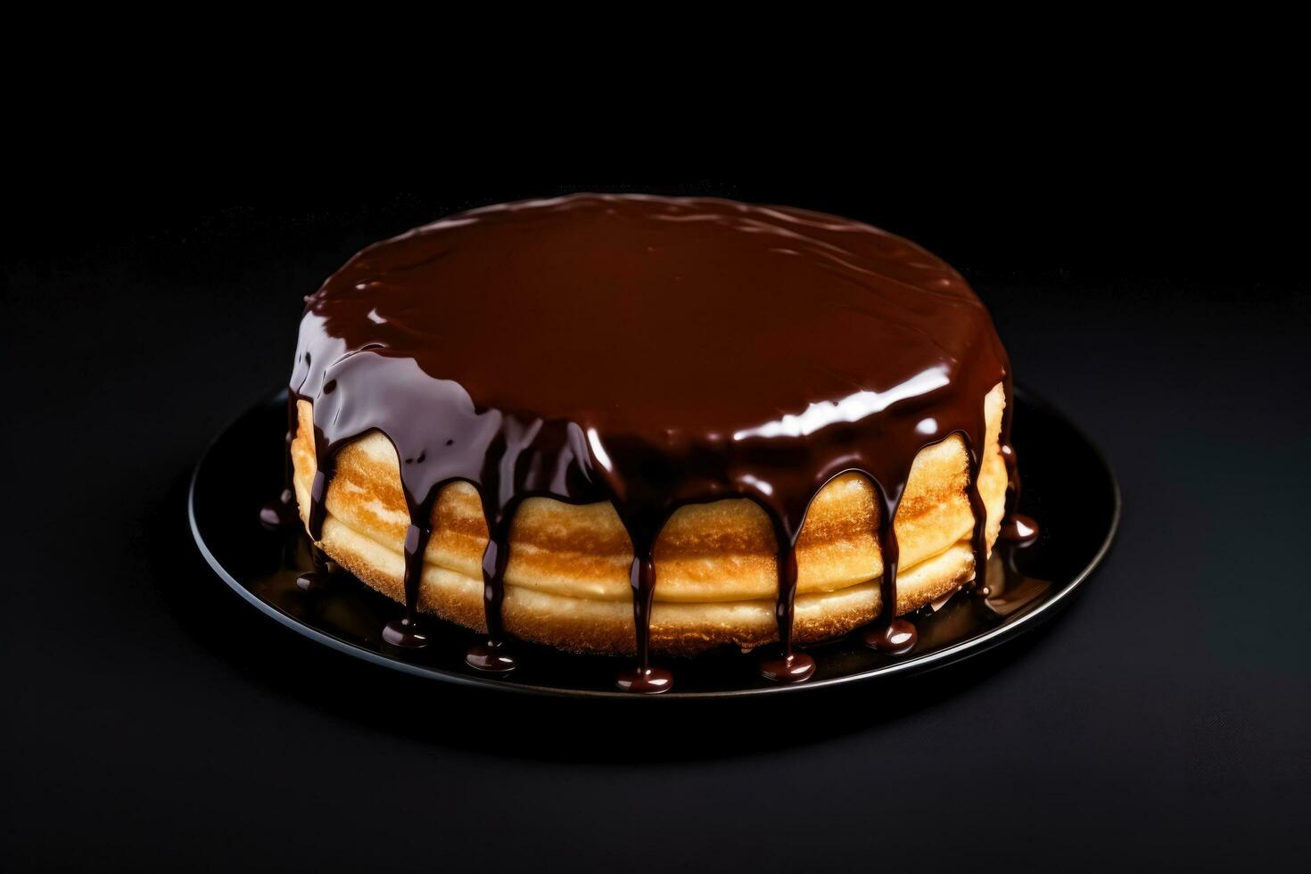 delicioso boston creme torta Sombrio fundo com esvaziar espaço para texto foto