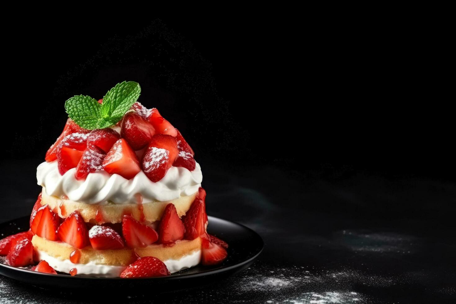 delicioso morango shortcake Sombrio fundo com esvaziar espaço para texto foto