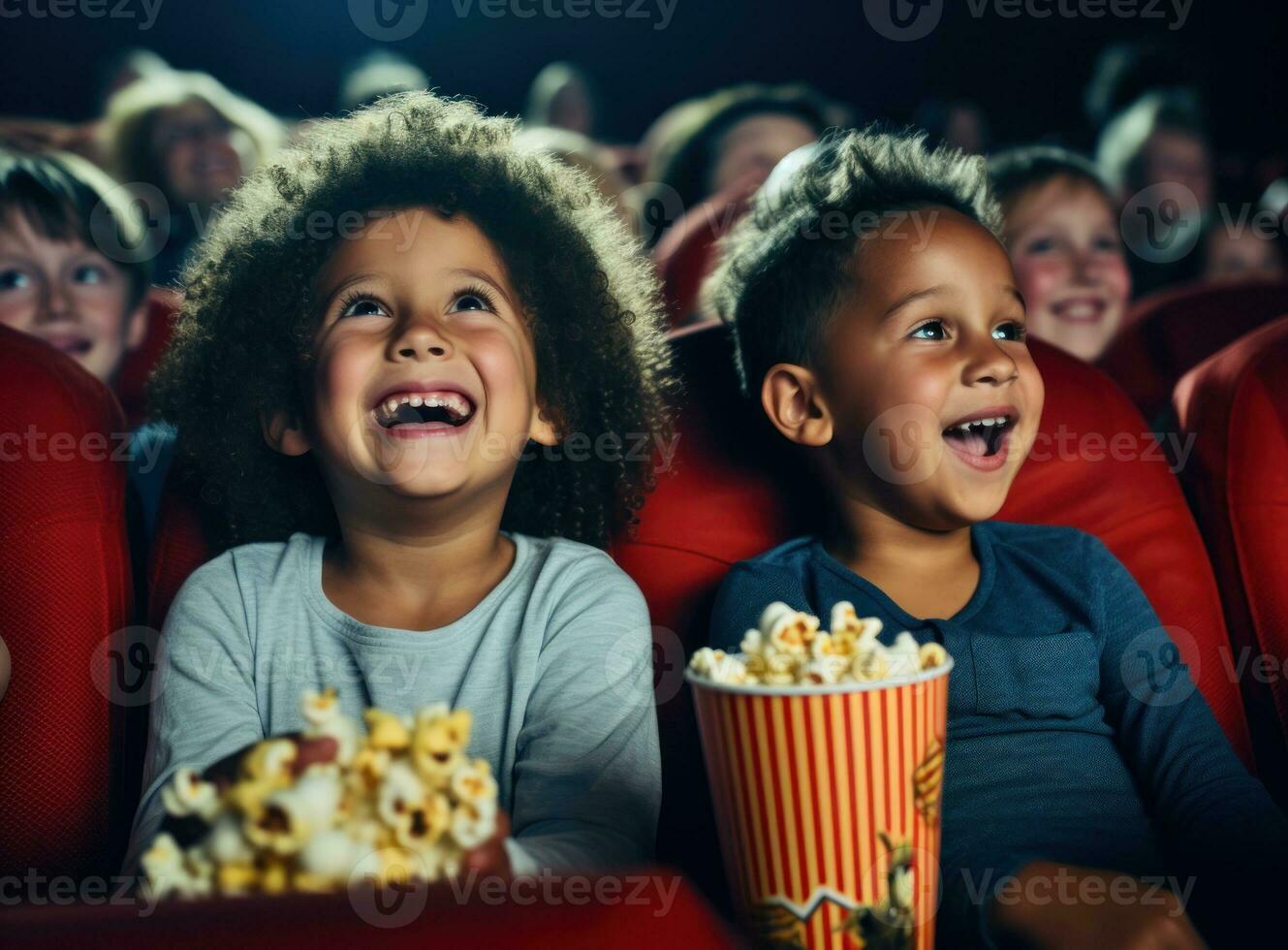 jovem crianças sorridente esperando com Pipoca às cinema foto