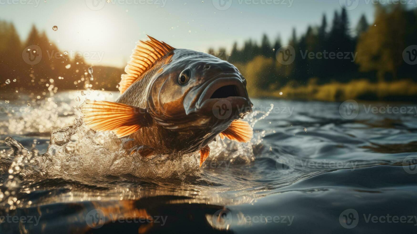 peixe-gato pulando Fora do uma rio fundo com esvaziar espaço para texto foto
