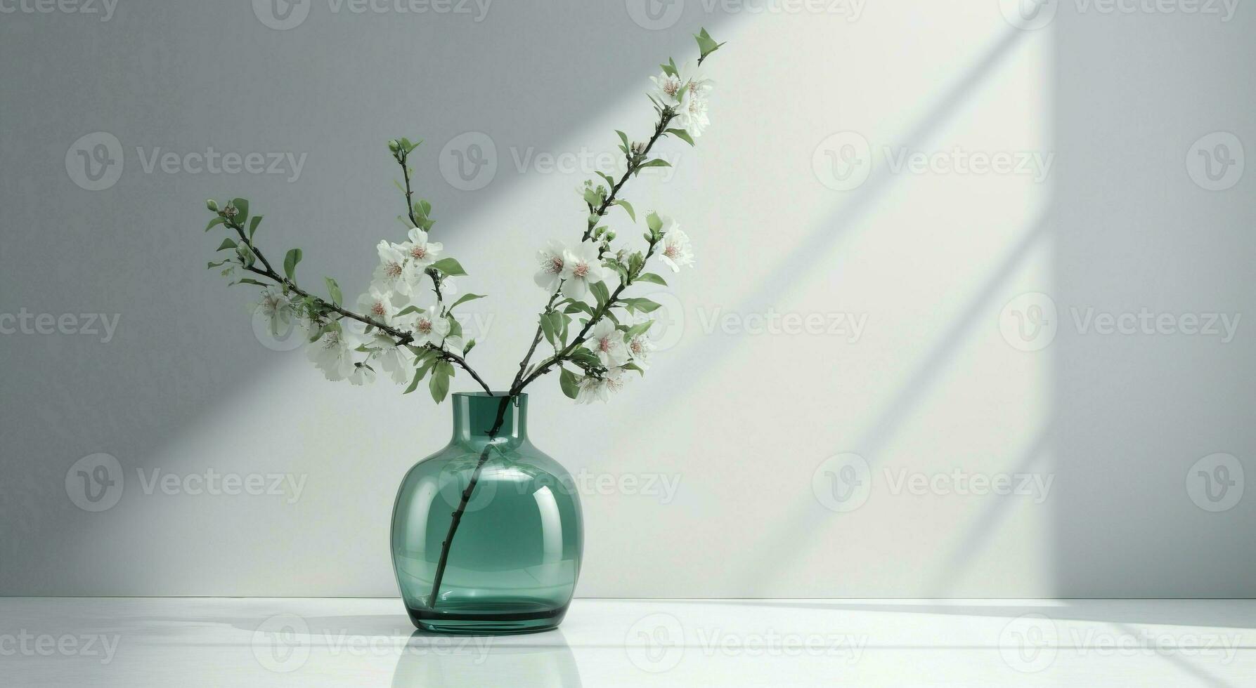 moderno vidro vaso com cereja flores dentro luz solar a partir de janela em cinzento parede, sombra em branco mármore chão para decoração, luxo Cosmético, cuidados com a pele, beleza produtos fundo exibição foto