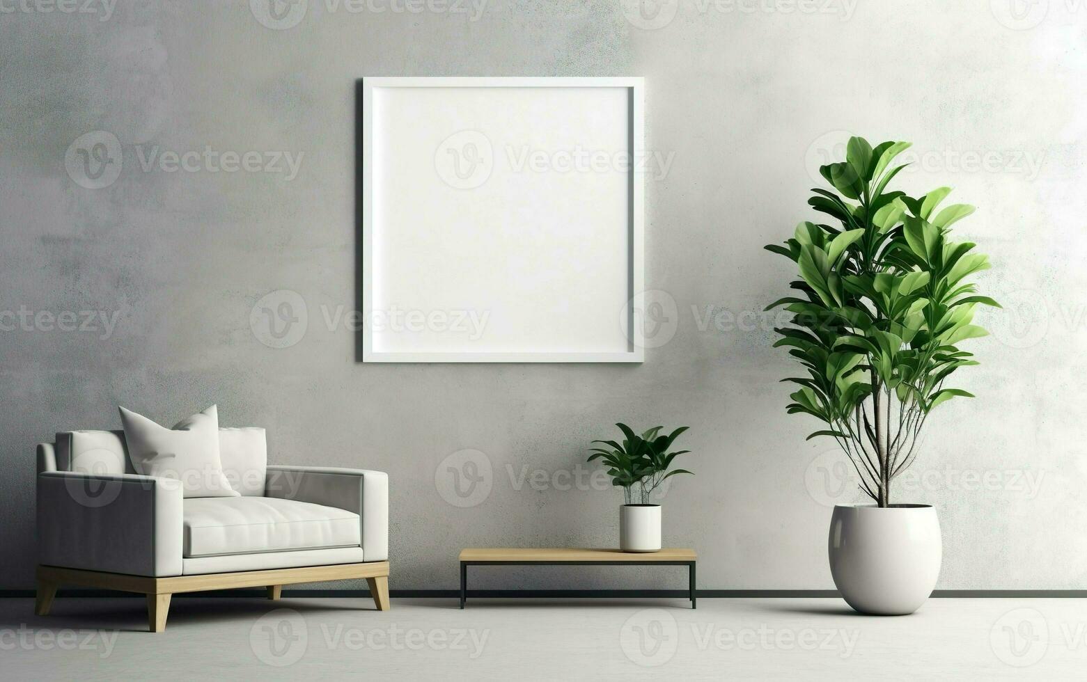 esvaziar quadro, Armação em a cinzento parede com cópia de espaço dentro a vivo quarto com uma branco cadeirão, verde plantas em a chão lado, café mesa. foto