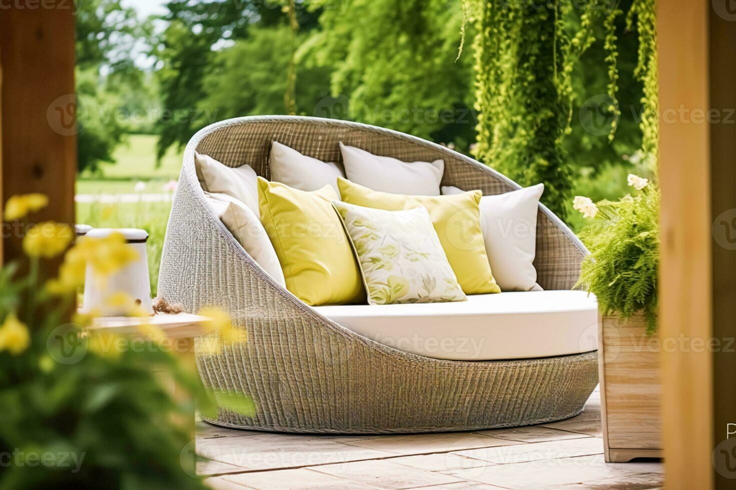 jardim mobília dentro a campo dentro verão, casa decoração e interior projeto, generativo ai foto