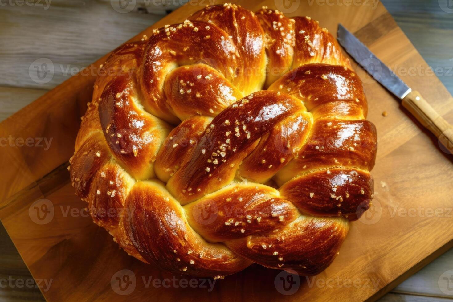 estoque foto do Challah pão dentro cozinha mesa plano deitar ai gerado