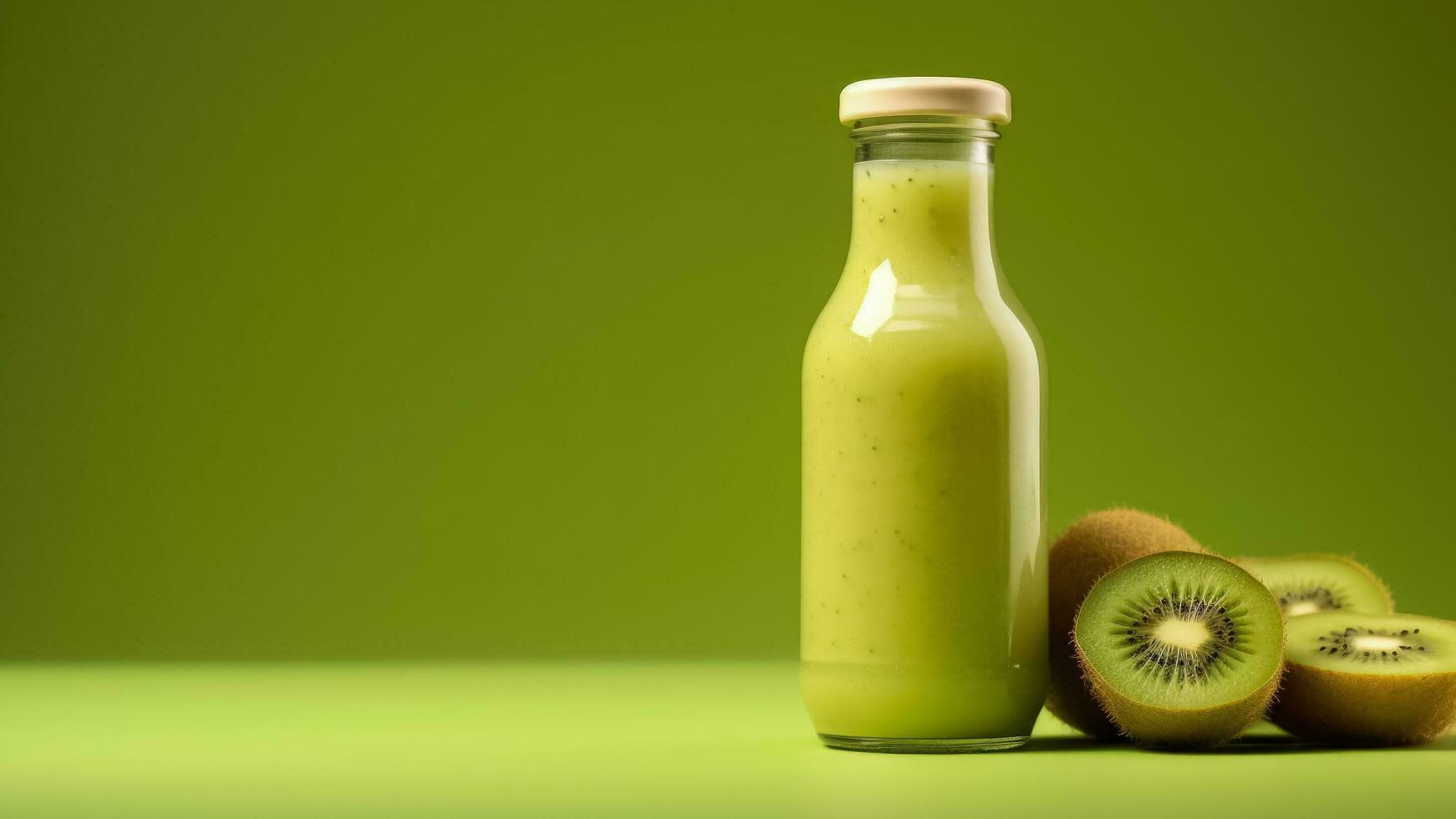 kiwi fresco batido dentro uma garrafa isolado em verde fundo foto