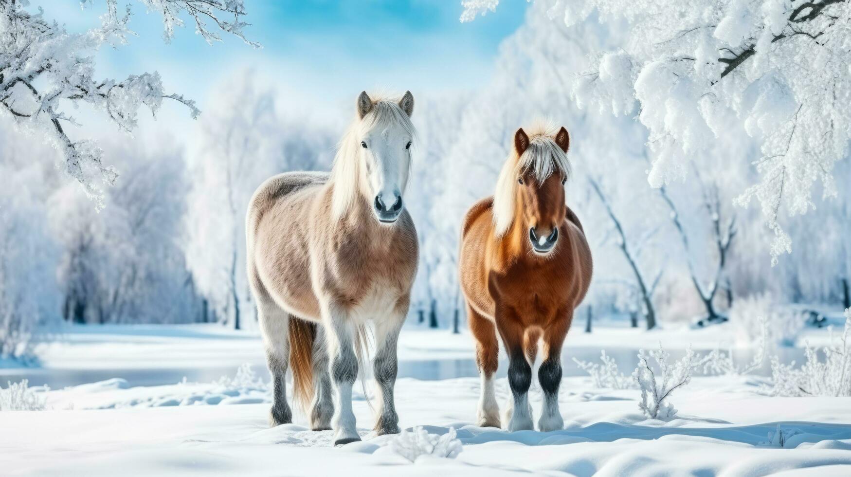 Nevado cavalos em neve fundo com esvaziar espaço para texto foto