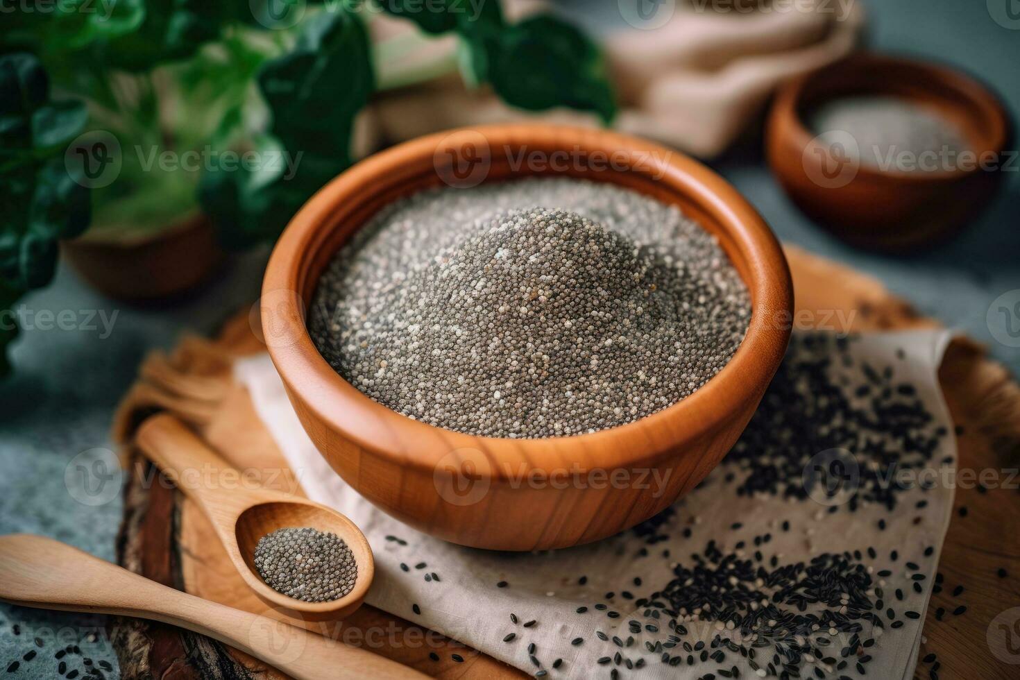 estoque foto do chia sementes dentro a cozinha mesa plano deitar ai gerado