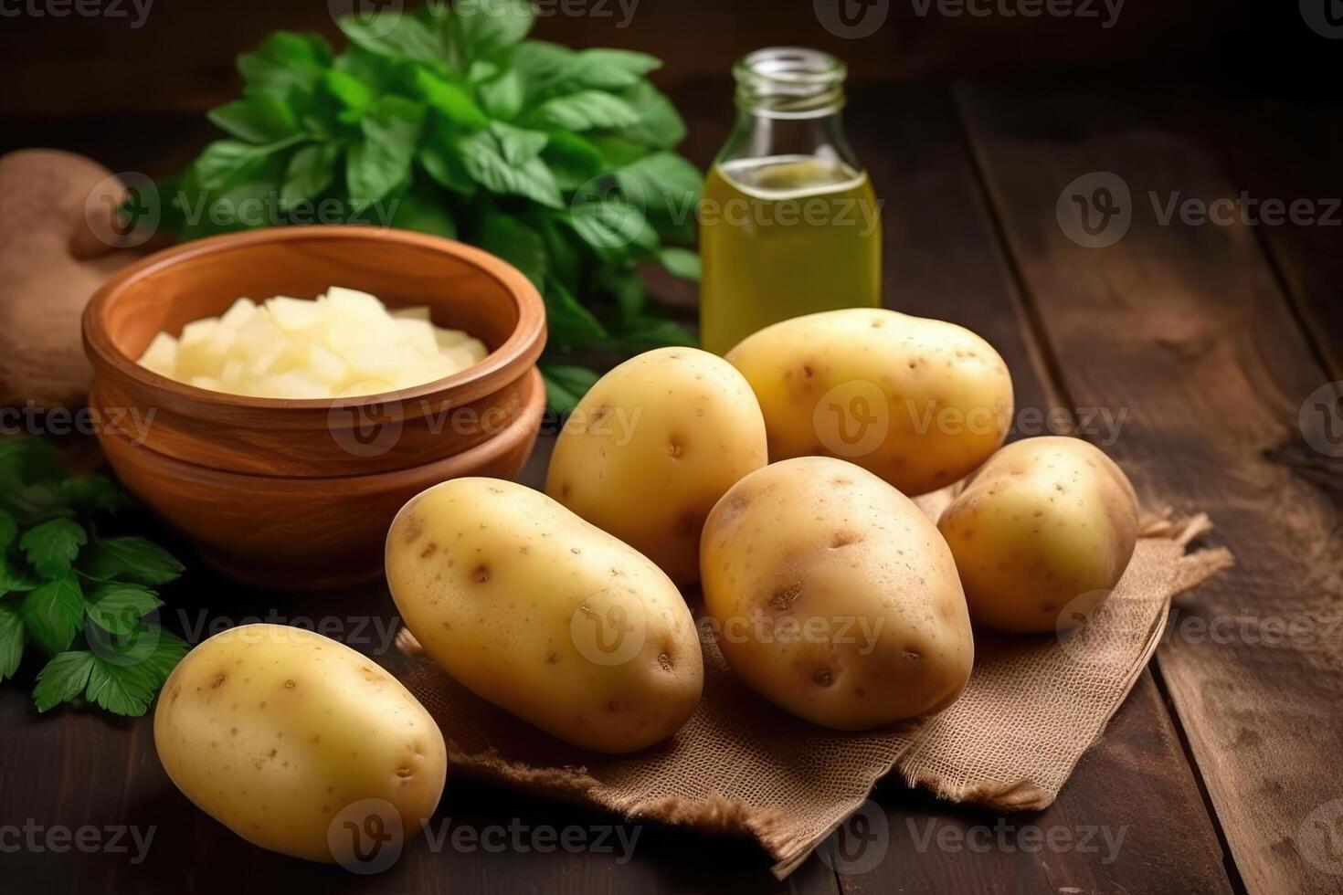 estoque foto batata dentro cozinha mesa alguns fatiado plano ai gerado