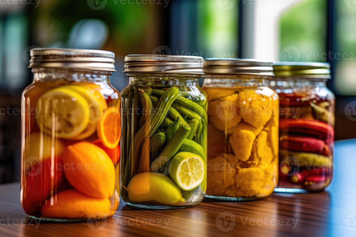 enlatado fruta dentro a cozinha mesa Comida fotografia ai gerado foto