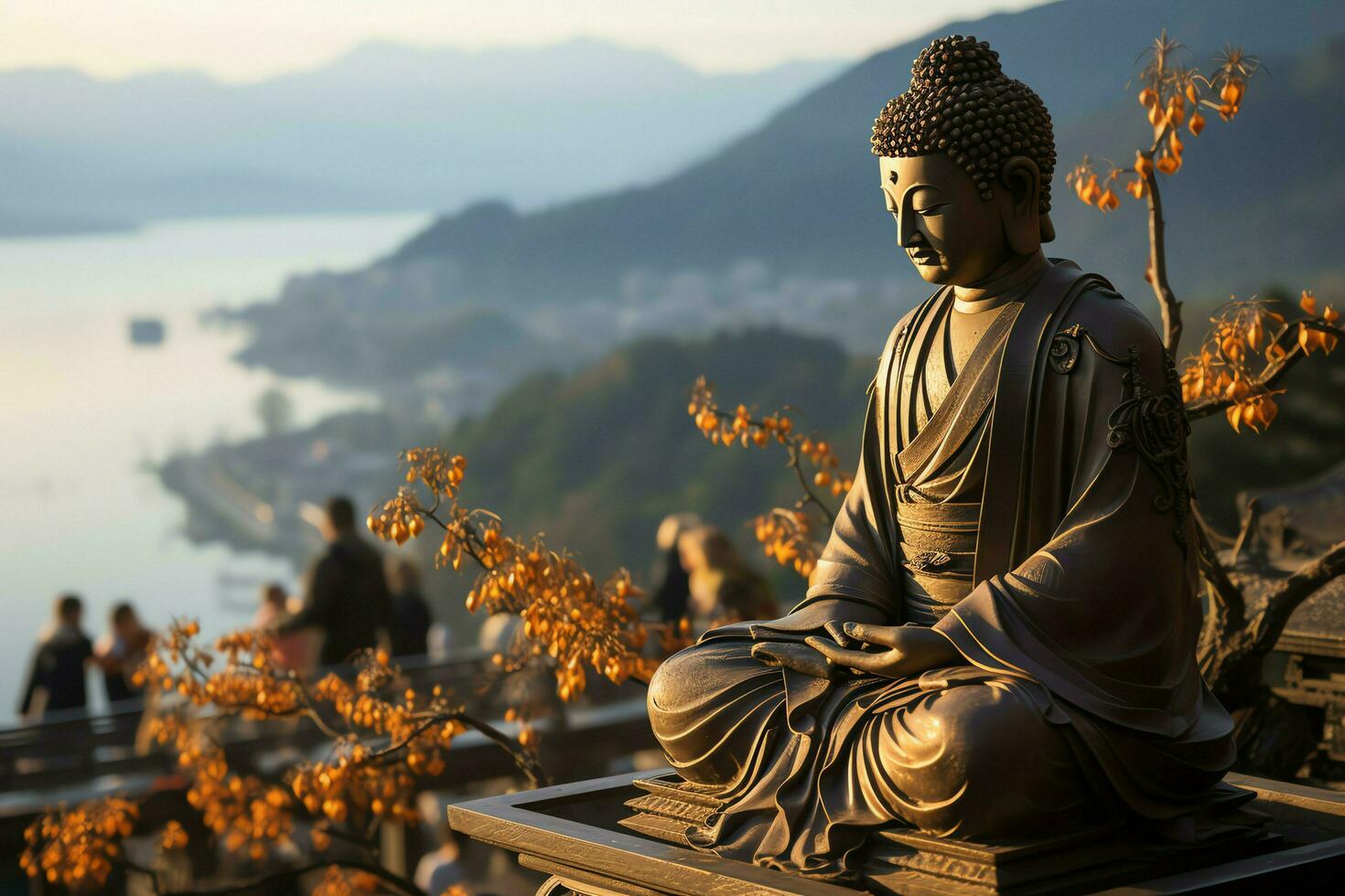 uma Buda senta dentro a montanha com uma lótus e velas. fundo para vesak celebração. vesak dia conceito. vesak celebração dia saudações conceito de ai gerado foto