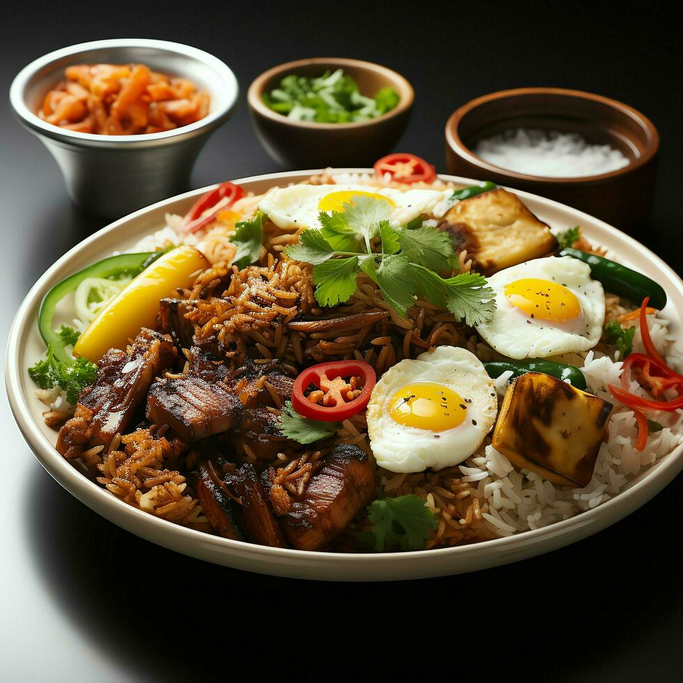 nasi Goreng indonésio tradicional Comida. frito arroz frango com ovos e picante especiarias de fritar conceito de ai gerado foto