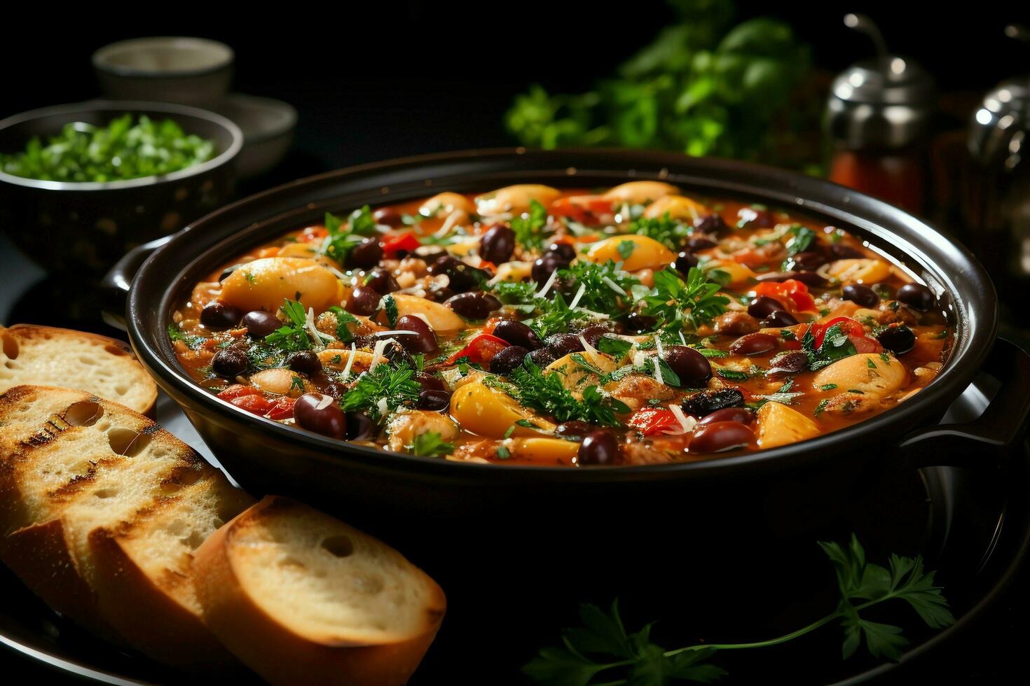 uma delicioso Sopa grossa de vegetais e macarrão sopa Comida dentro uma tigela. italiano Comida e saudável proteína sopa refeição conceito de ai gerado foto