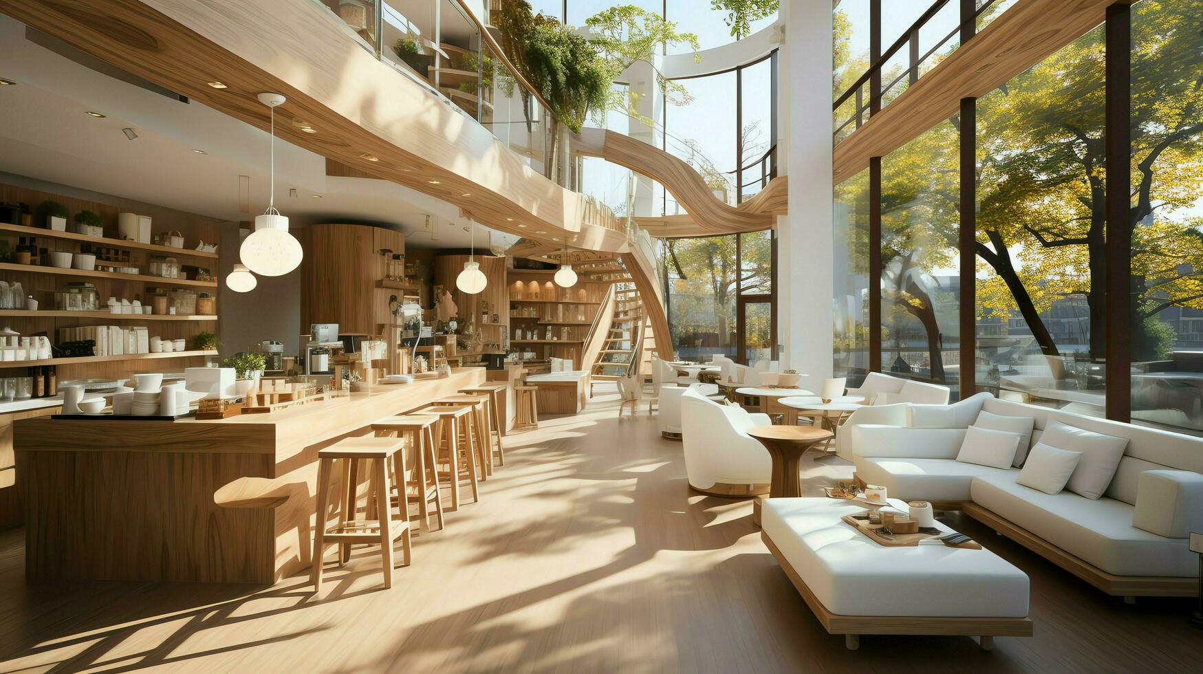 uma magnífico restaurante ou café fazer compras com moderno estilo e uma de madeira. interior do uma restaurante conceito de ai gerado foto
