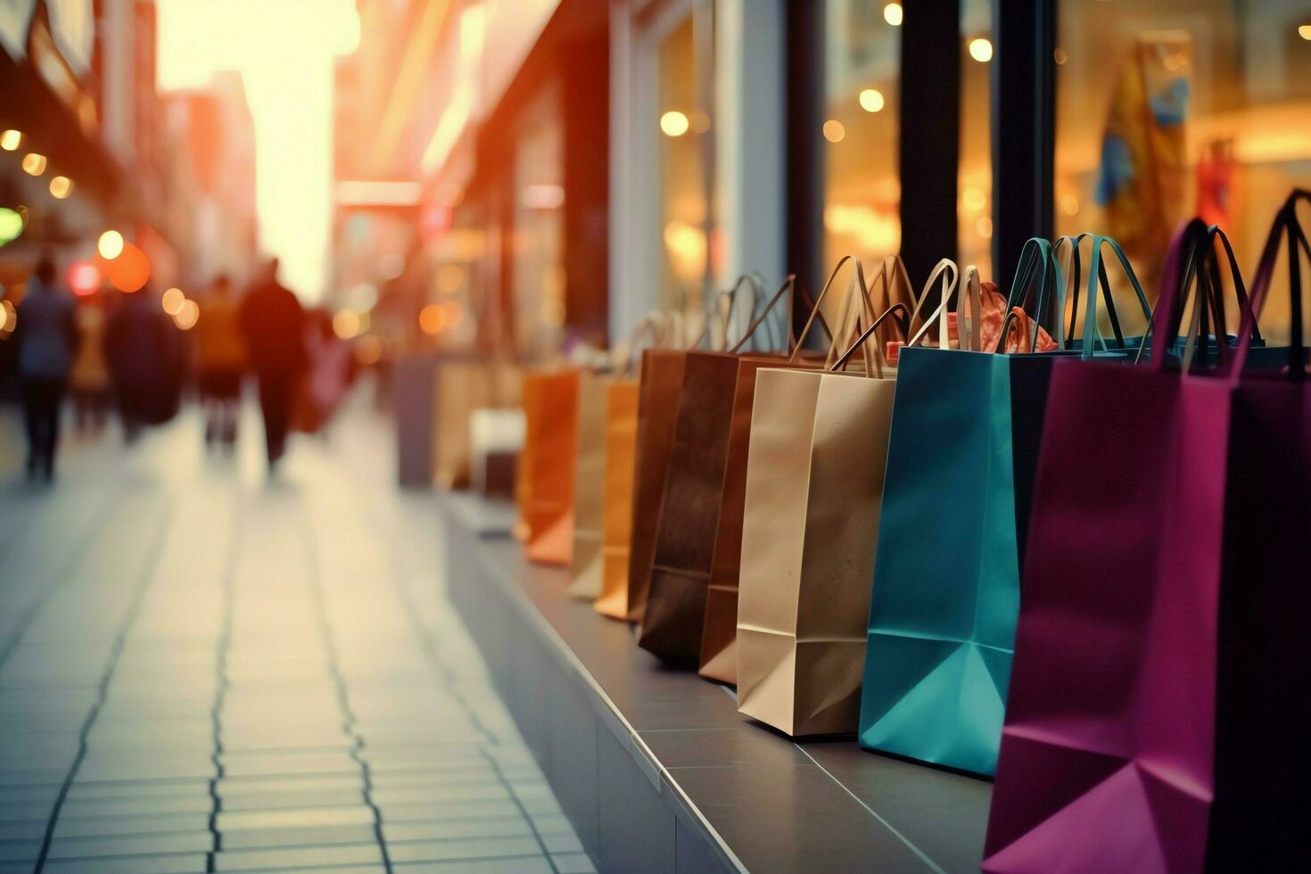 uma conjunto do colorida compras bolsas com alças. papel compras bolsas fechar acima. compras dias conceito de ai gerado foto