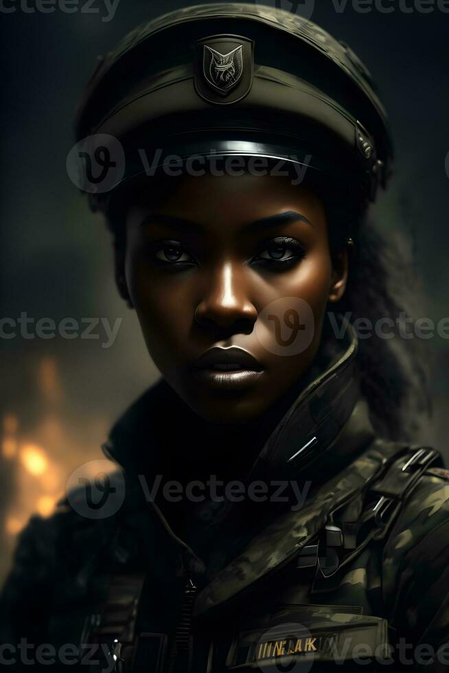 Preto mulher vestindo militares uniforme Incluindo camuflar cansaço e uma capacete. generativo ai. foto