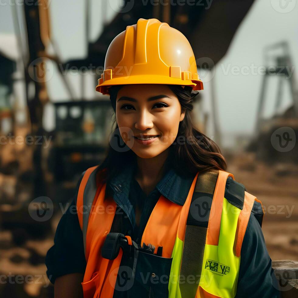 mulher engenheiro trabalhando em uma construção site, construção Difícil chapéu e trabalhos colete generativo ai. foto