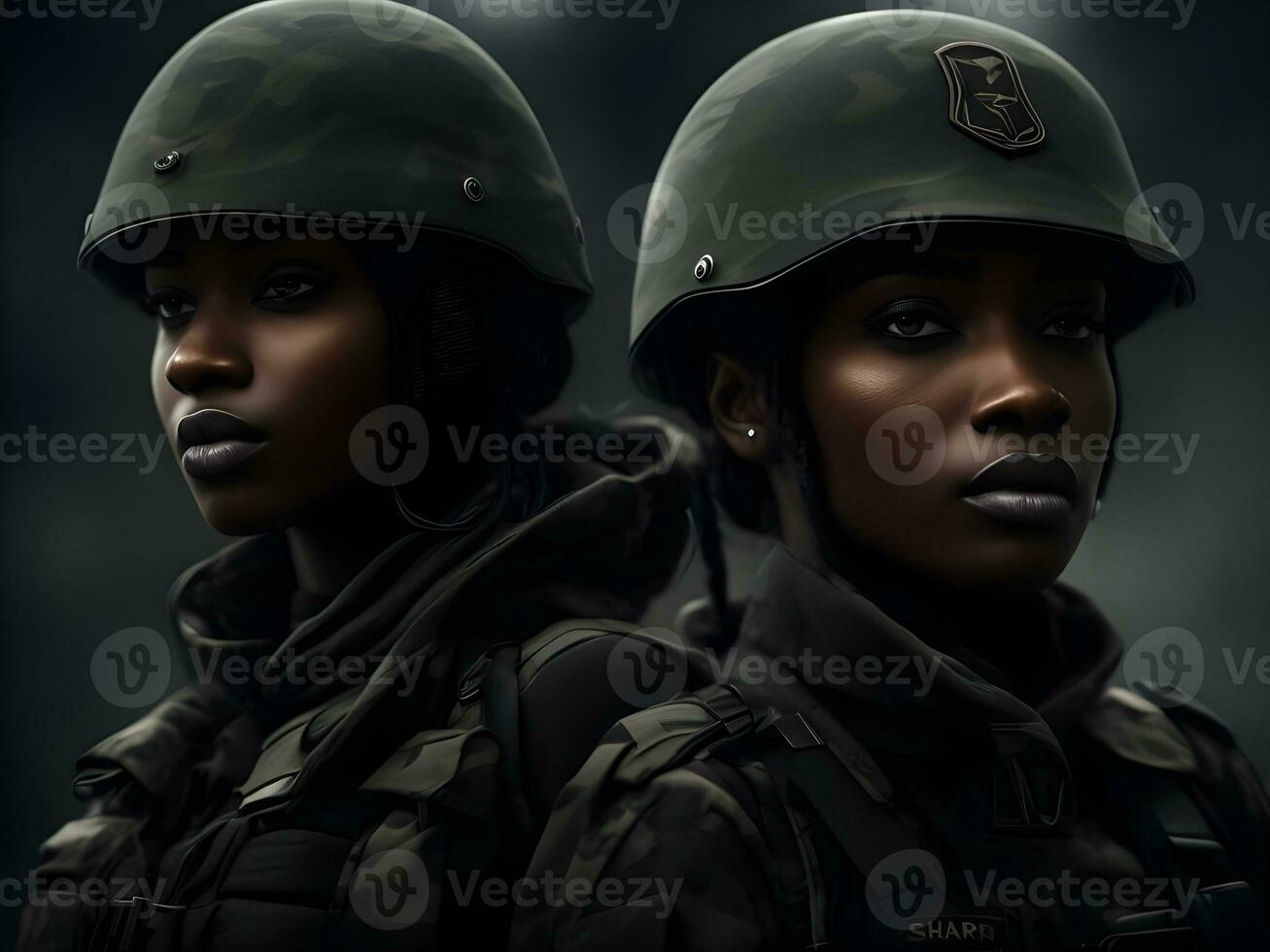 Preto mulher vestindo militares uniforme Incluindo camuflar cansaço e uma capacete. generativo ai. foto