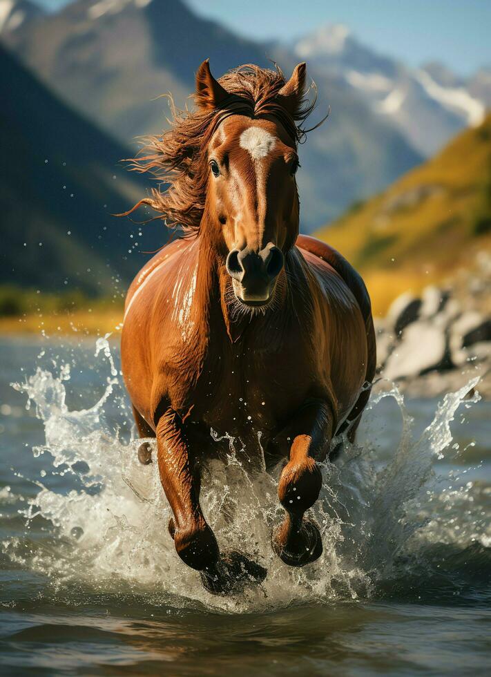 uma selvagem cavalo corrida dentro a Riacho. selvagem ou Fazenda animais conceito de ai gerado foto