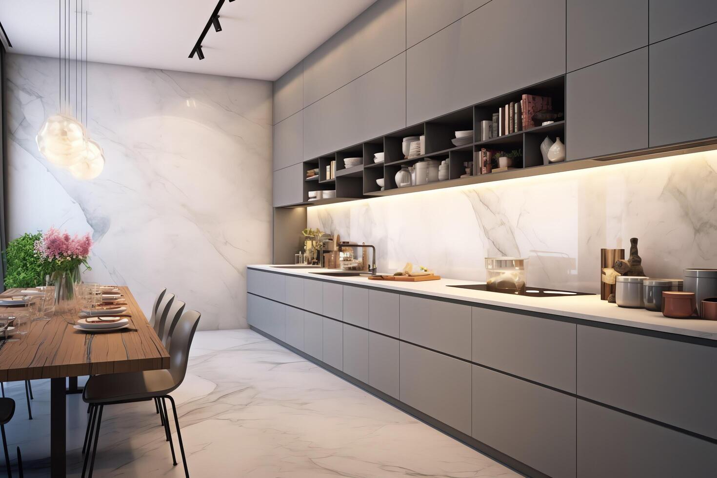 moderno cozinha interior Projeto dentro apartamento ou casa com mobiliário. luxo cozinha casa escandinavo conceito de ai gerado foto