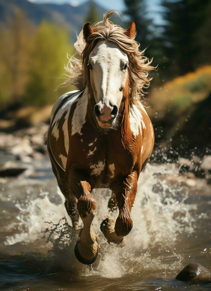 uma selvagem cavalo corrida dentro a Riacho. selvagem ou Fazenda animais conceito de ai gerado foto