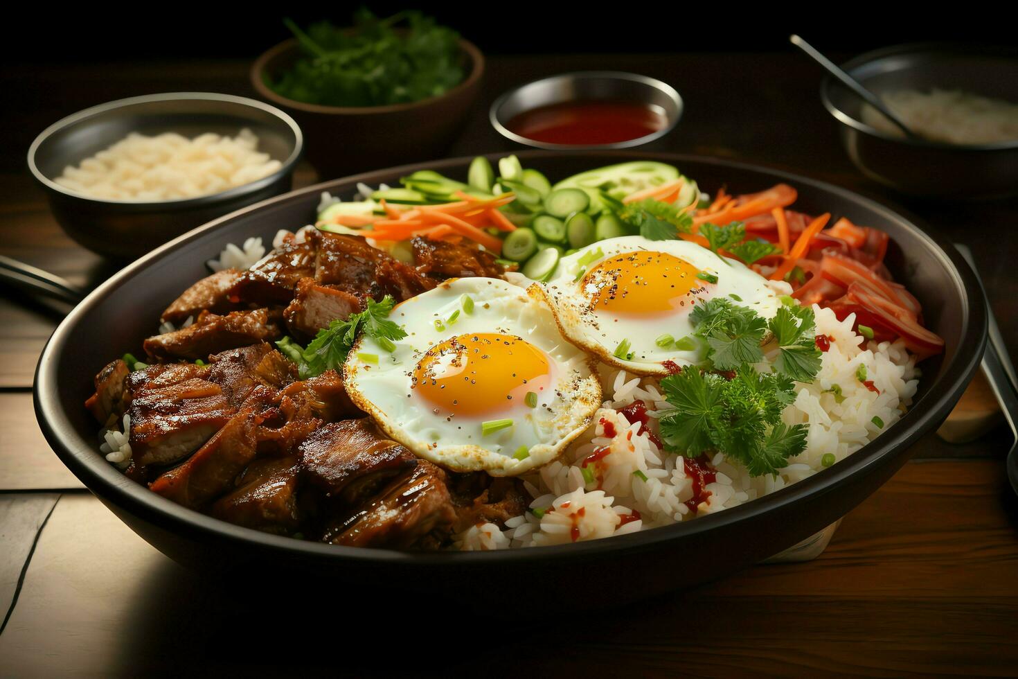 nasi Goreng indonésio tradicional Comida. frito arroz frango com ovos e picante especiarias de fritar conceito de ai gerado foto