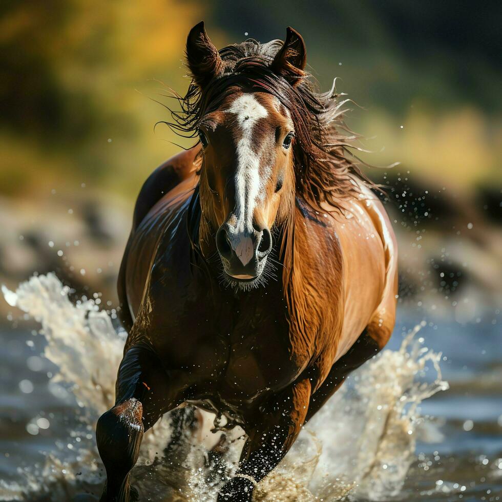 uma selvagem cavalo corrida dentro a Riacho. selvagem ou Fazenda animais conceito de ai gerado foto