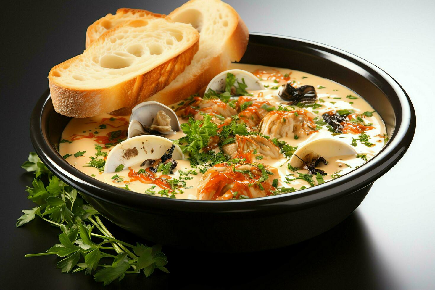 uma delicioso bouillabaisse sopa Comida dentro uma tigela. Marselha Comida e saudável proteína sopa refeição conceito de ai gerado foto