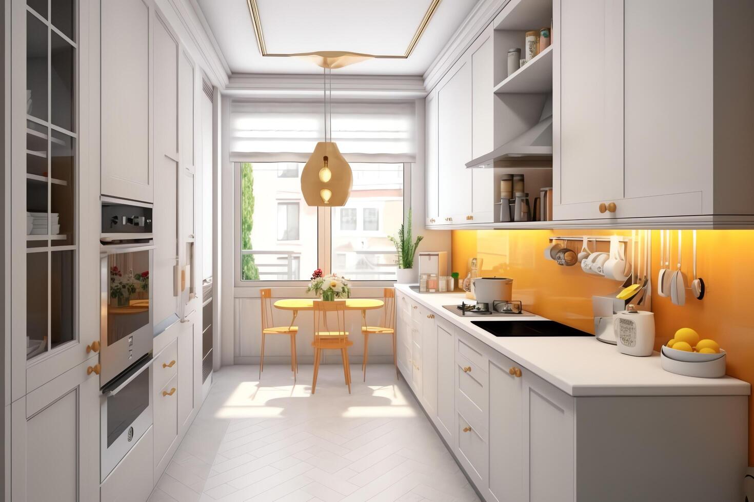 moderno cozinha interior Projeto dentro apartamento ou casa com mobiliário. luxo cozinha casa escandinavo conceito de ai gerado foto