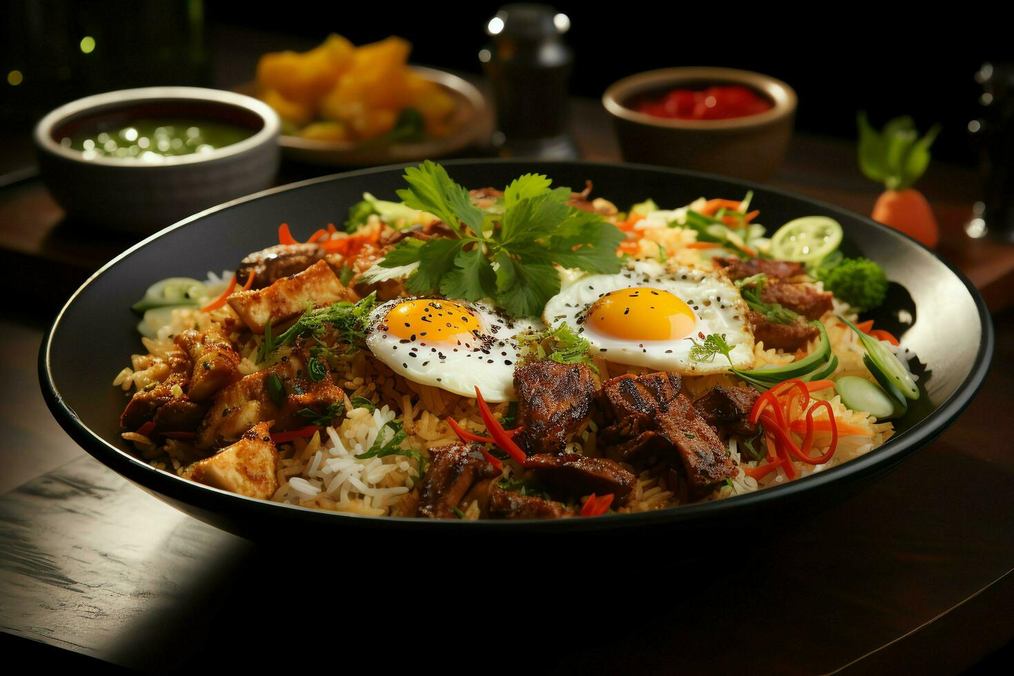 nasi Goreng indonésio tradicional Comida. frito arroz frango com ovos e picante especiarias de fritar conceito de ai gerado foto