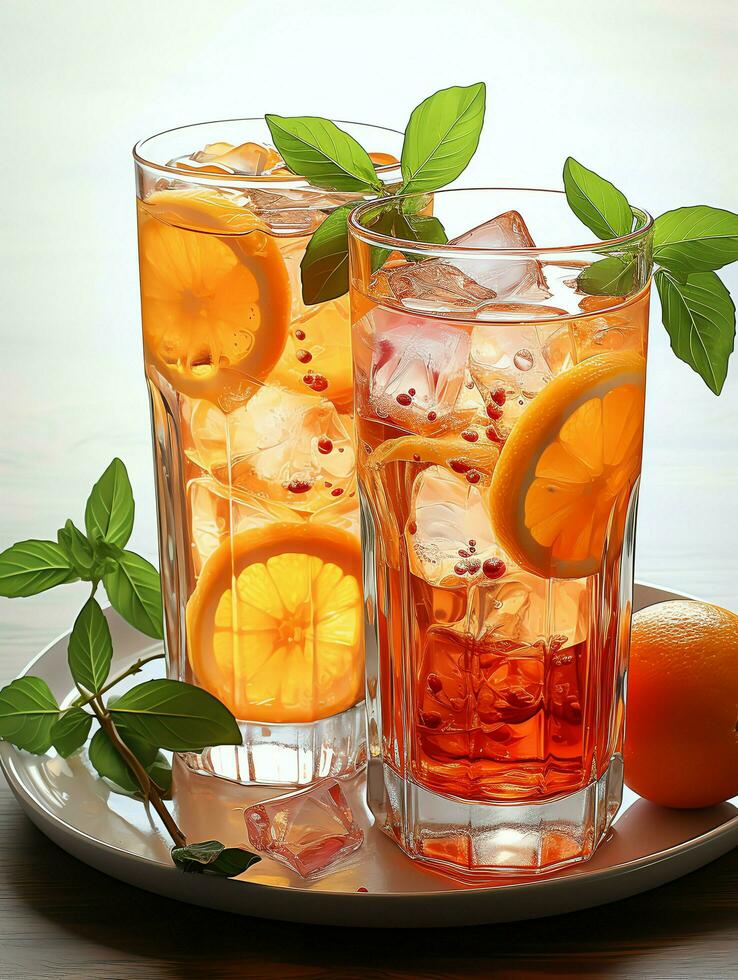 vidro do aperol spritz coquetel ou delicioso fresco frio laranja suco e laranja fatiar. verão beber conceito de ai gerado foto
