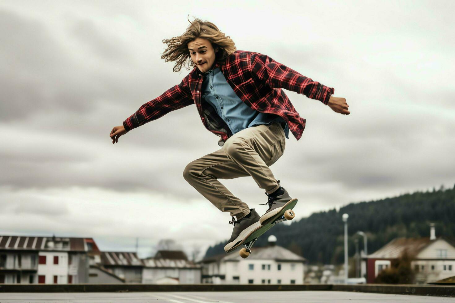 uma caucasiano homem fazendo truques ou pulando em uma skate às a rua. jovem homem com skatista pulando conceito de ai gerado foto