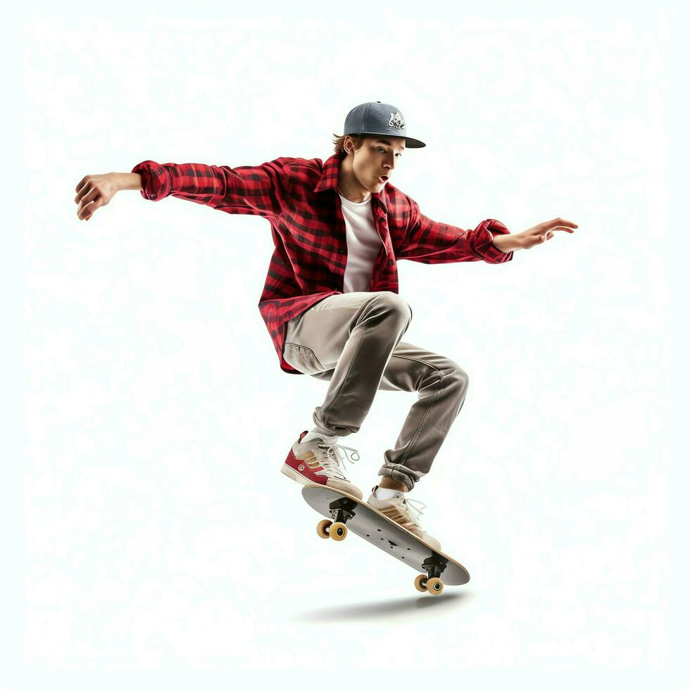 uma caucasiano homem fazendo truques ou pulando em uma skate às a rua. jovem homem com skatista pulando conceito de ai gerado foto