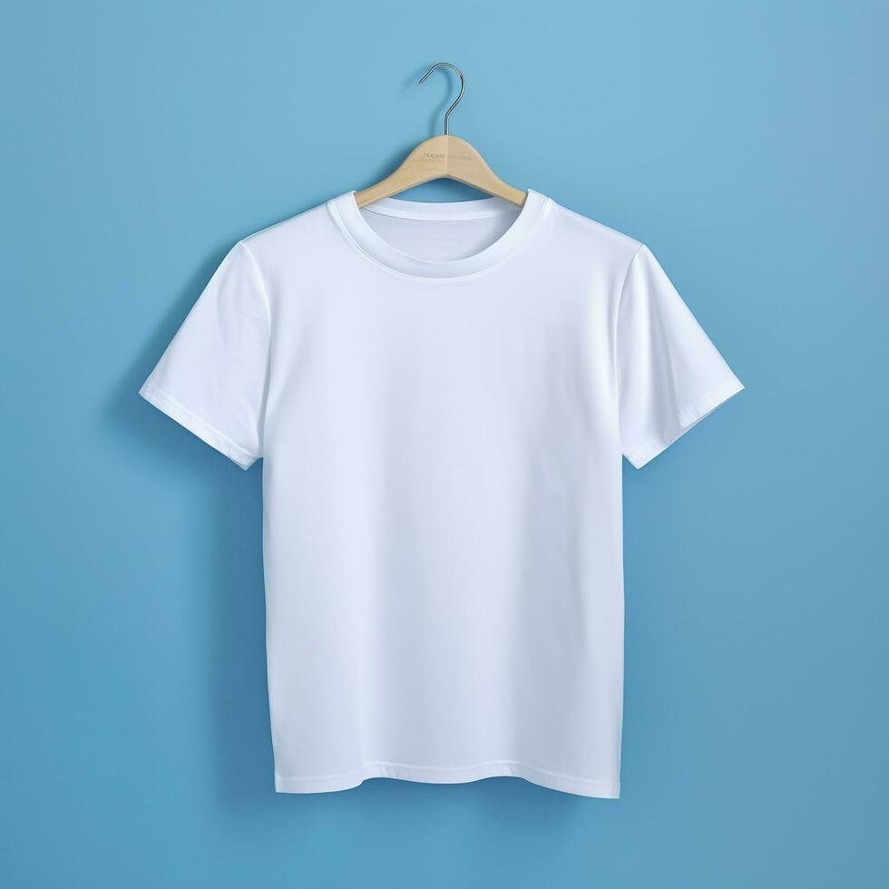 simples branco t camisa em suave azul fundo. ai generativo foto