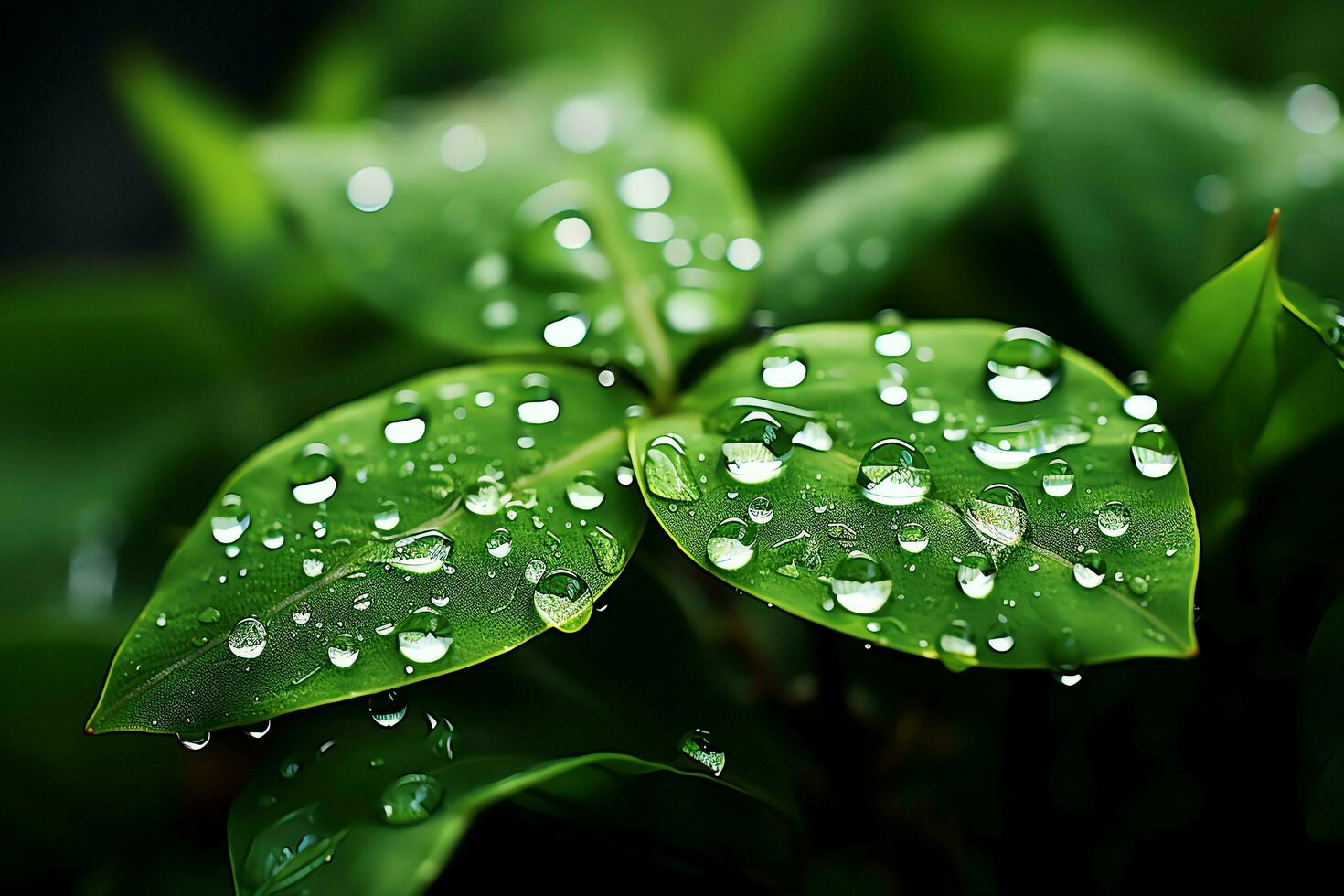 macro tiro do verde folhas com água gotas, orvalho ou chuva solta em eles. verde folha natureza floresta conceito de ai gerado foto