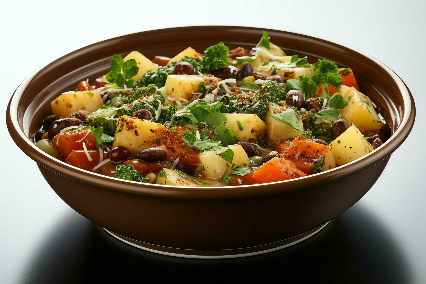 uma delicioso Sopa grossa de vegetais e macarrão sopa Comida dentro uma tigela. italiano Comida e saudável proteína sopa refeição conceito de ai gerado foto