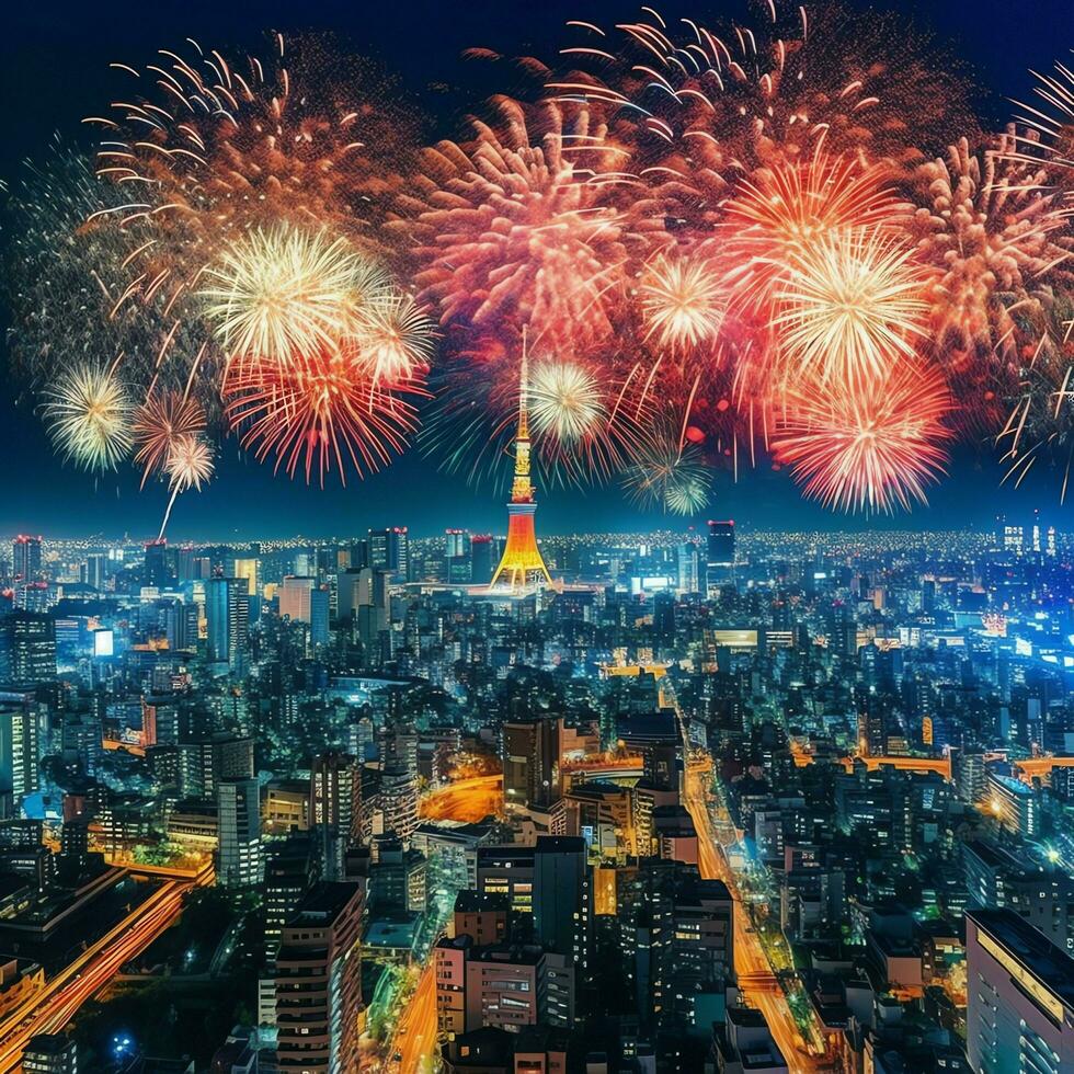 lindo fogo de artifício mostrar com paisagem urbana às noite para celebração feliz Novo ano. fogo de artifício exibição conceito de ai gerado foto