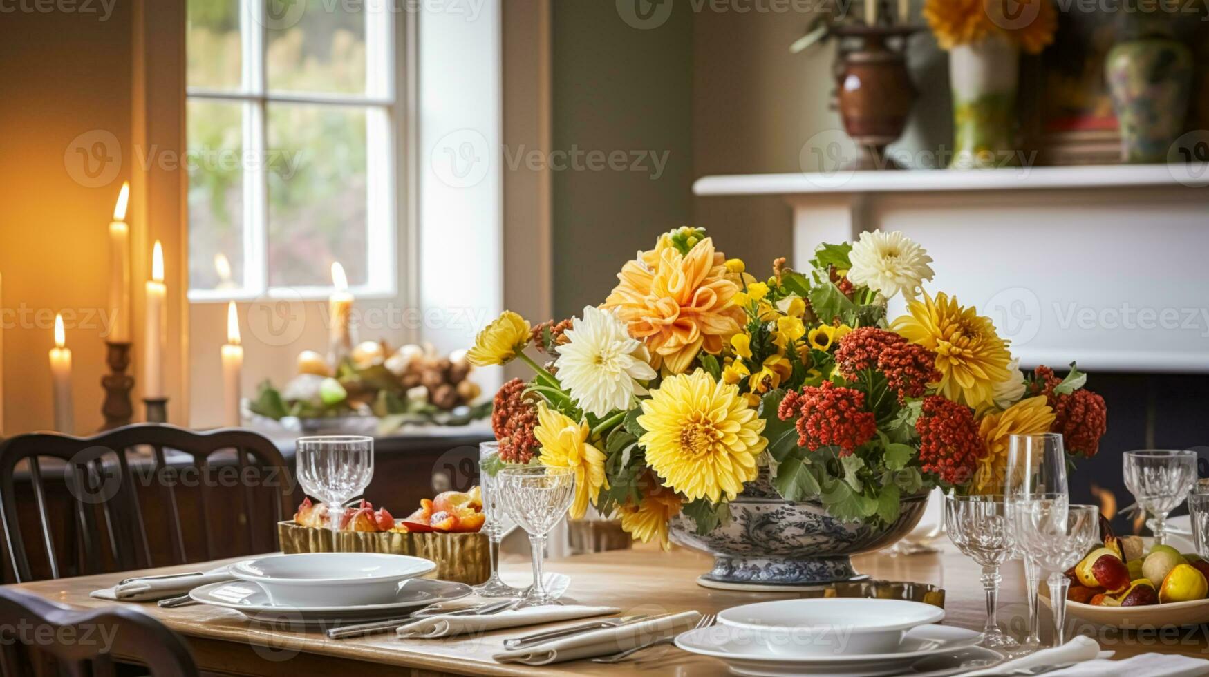 jantar quarto decoração, interior Projeto e outono feriado celebração, elegante outonal mesa decoração com velas e flores, casa decoração e país chalé estilo foto