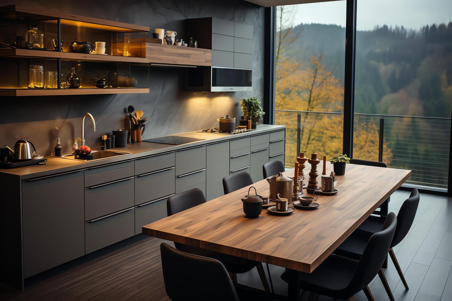 moderno cozinha interior Projeto dentro apartamento ou casa com mobiliário. luxo cozinha casa escandinavo conceito de ai gerado foto