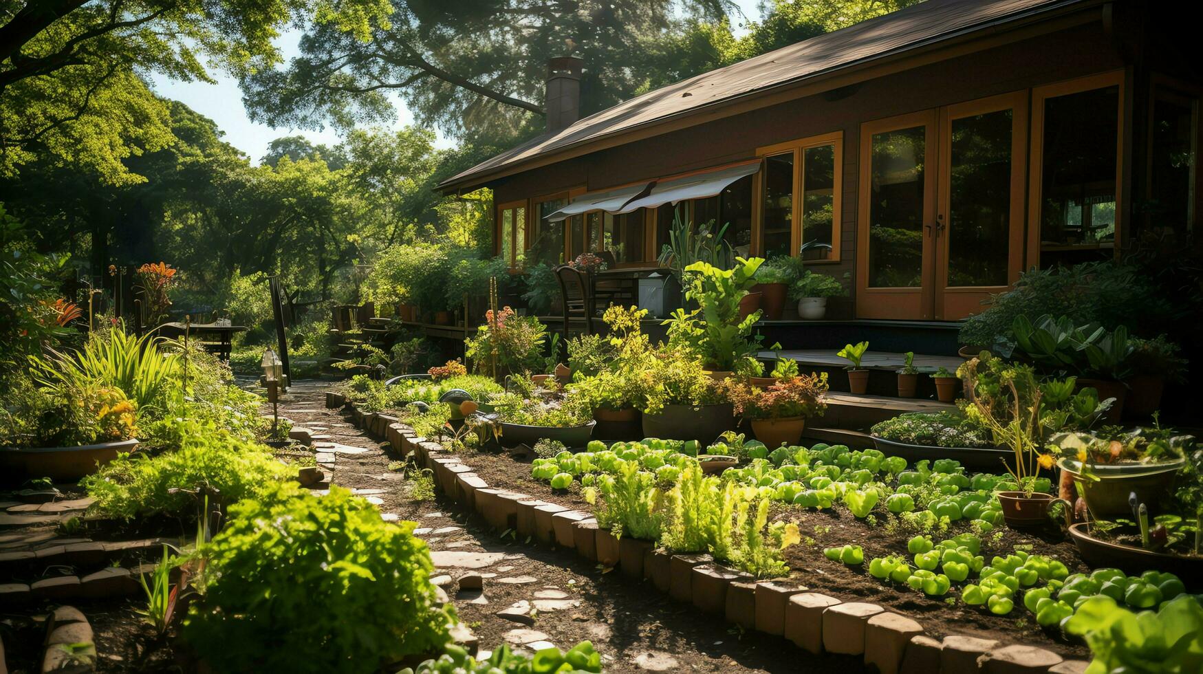 de madeira casa dentro Vila com plantas e flores dentro quintal jardim. jardim e flor em rural casa conceito de ai gerado foto