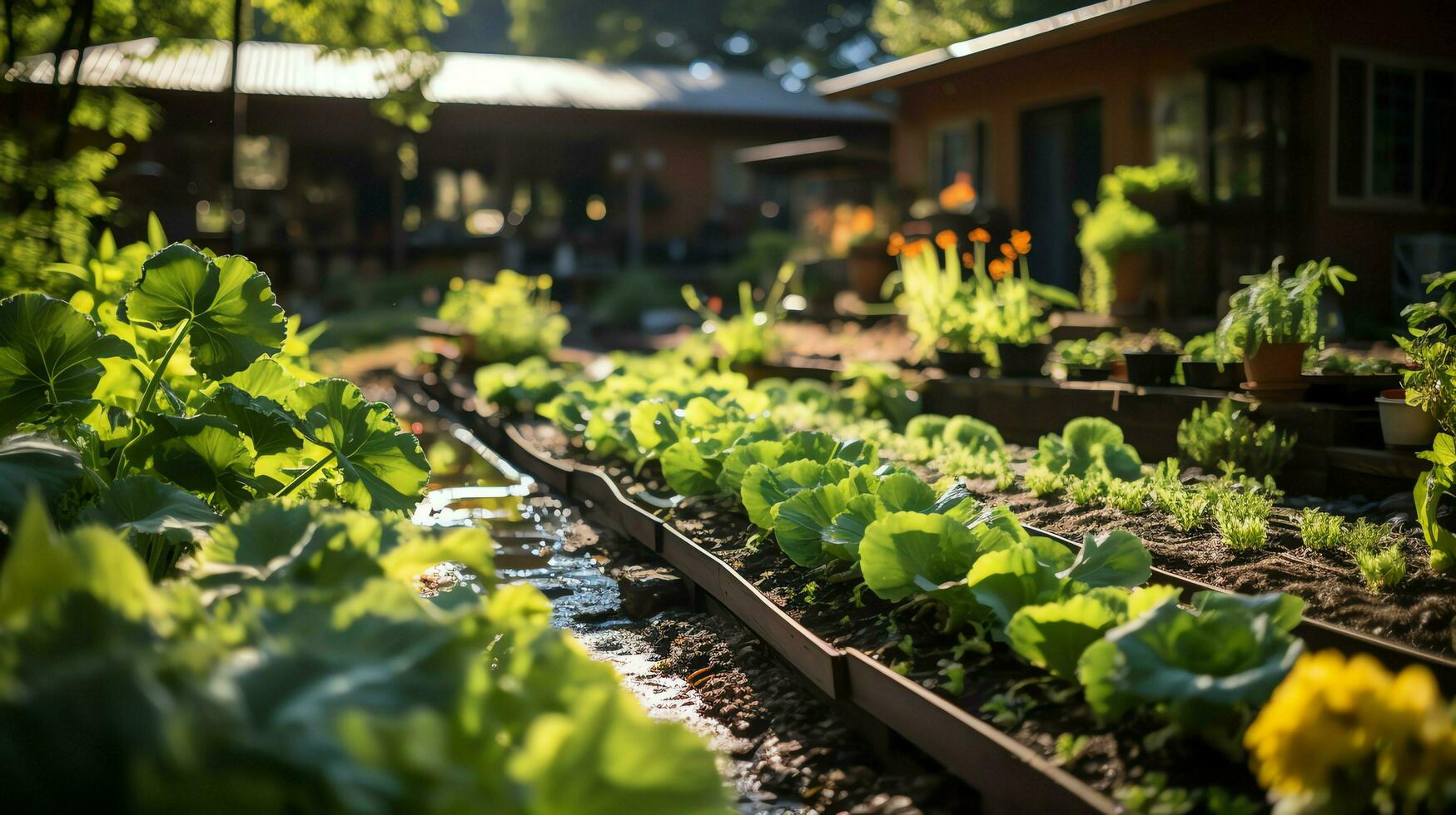 de madeira casa dentro Vila com plantas e flores dentro quintal jardim. jardim e flor em rural casa conceito de ai gerado foto