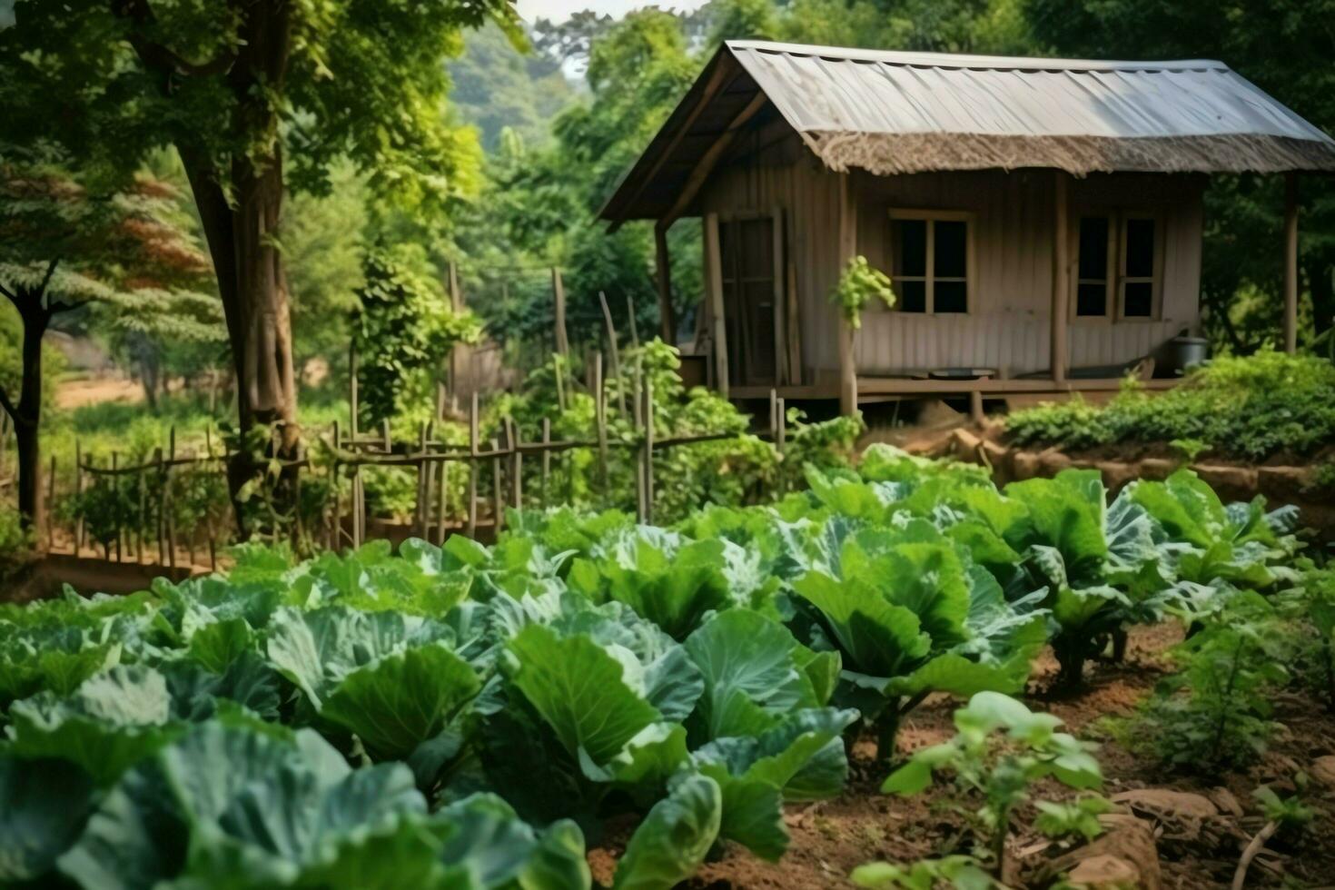 de madeira casa dentro Vila com plantas e flores dentro quintal jardim. jardim e flor em rural casa conceito de ai gerado foto