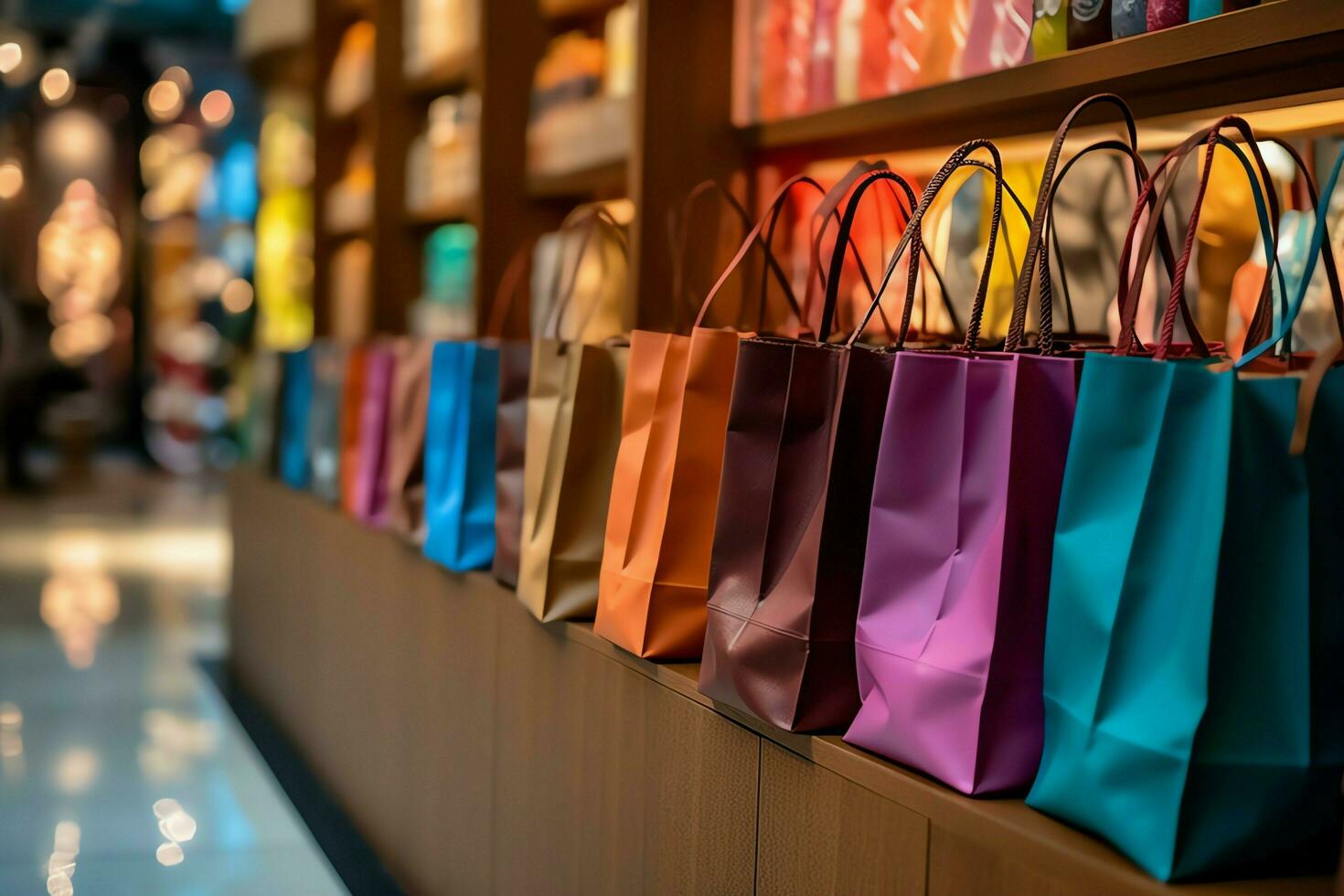 uma conjunto do colorida compras bolsas com alças. papel compras bolsas fechar acima. compras dias conceito de ai gerado foto