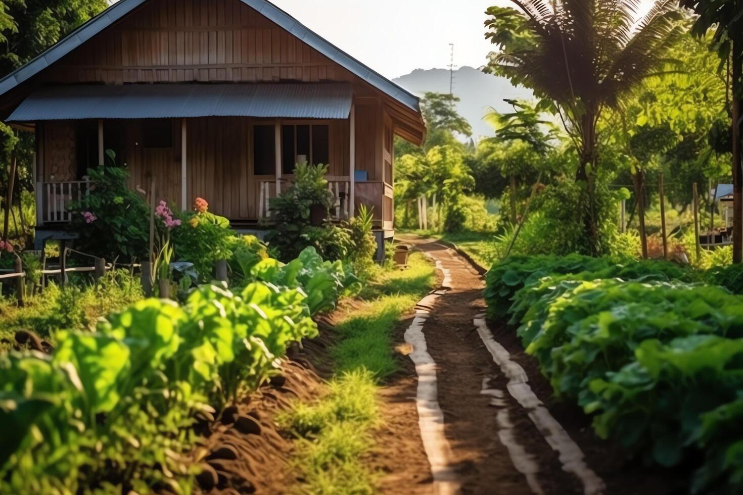 de madeira casa dentro Vila com plantas e flores dentro quintal jardim. jardim e flor em rural casa conceito de ai gerado foto