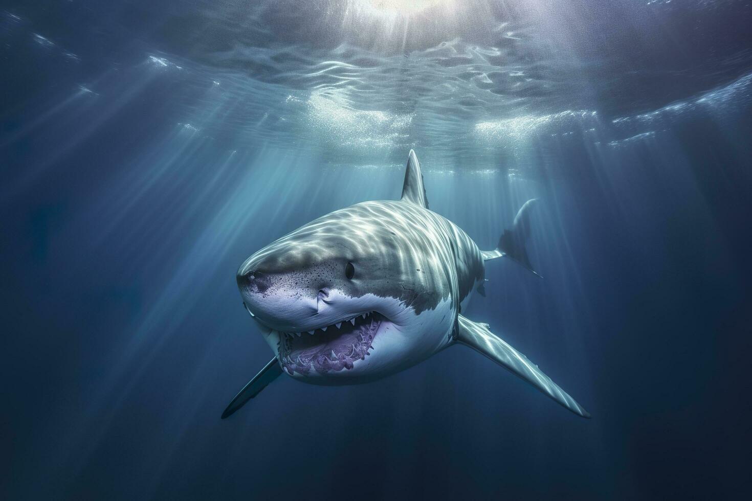 a rei do a oceano, a ótimo branco masculino Tubarão caçador embaixo da agua visualizar, guadalupe ilha, México. ai generativo foto
